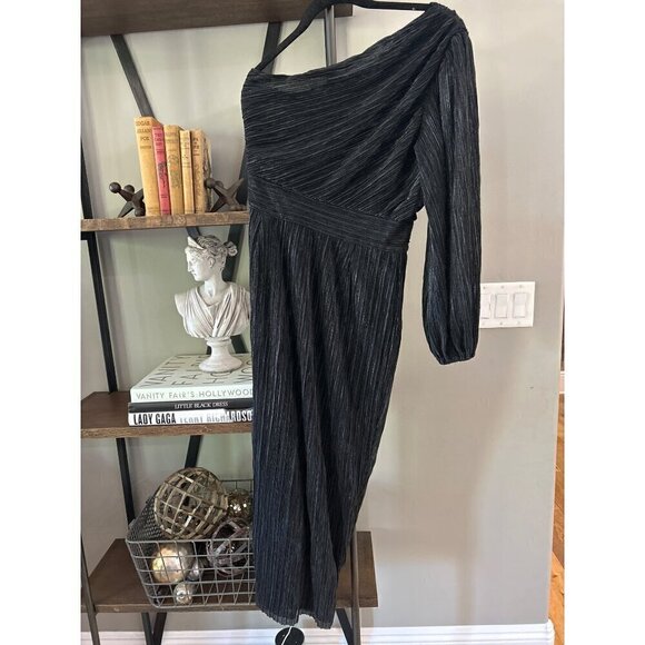 SAYLOR Alora Plissé One Shoulder Midi Dress Black Metallic Womens Size Small - Picture 9 of 11